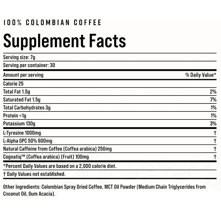 Nutritional facts of 100% Colombian coffee supplement; serving size 7g, 30 servings, 25 calories per serving, and includes potassium and caffeine.