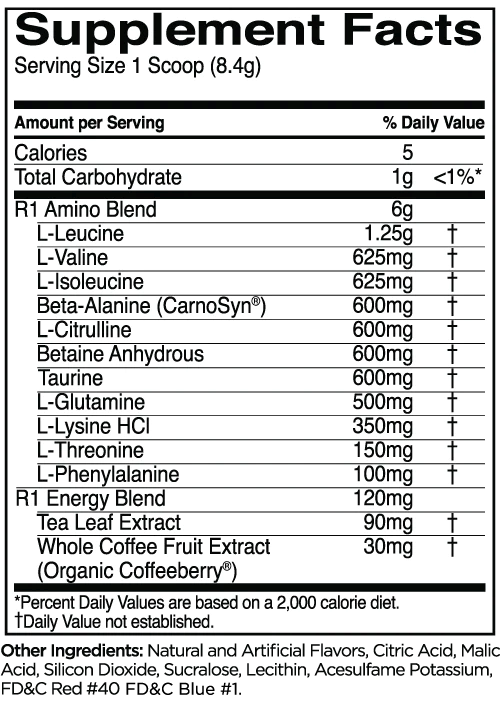Nutritional information for a supplement including R1 Amino and Energy blends, serving size, calories, and daily value percentages.