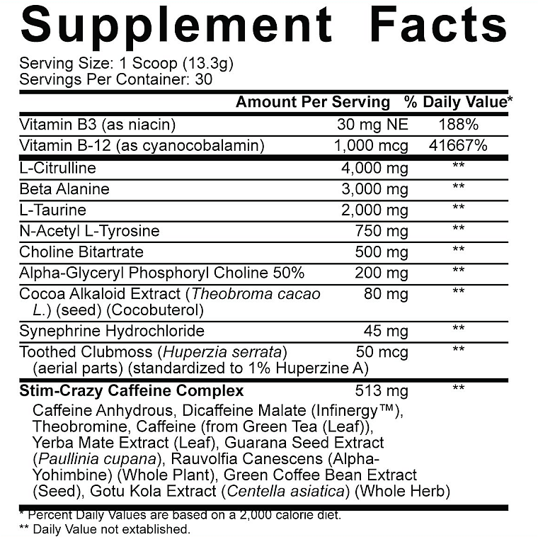Supplement facts for a product with serving size of 1 scoop. Includes Vitamins B3 and B-12, various amino acids, cocoa extract, stimulants, and more.