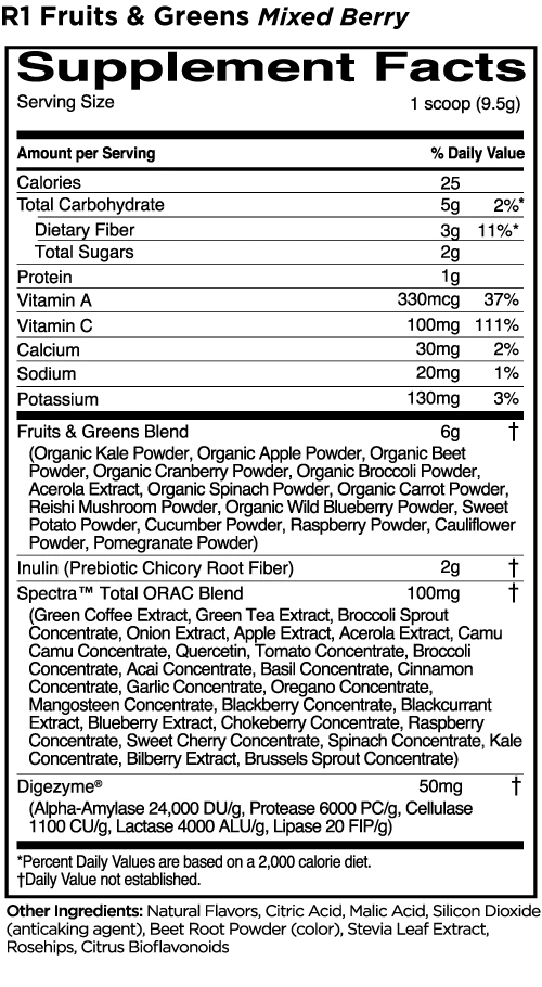 R1 Fruits & Greens Mixed Berry Supplement with vitamins, minerals, and organics like kale, beet, broccoli, acerola extract, and green coffee extract among others.