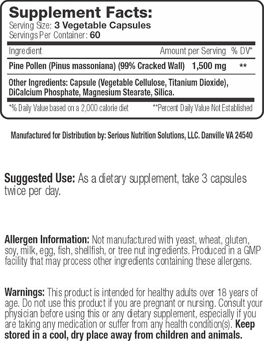 Supplement label showing Pine Pollen of 1,500 mg per serving, 60 servings per container, and allergen and usage information.