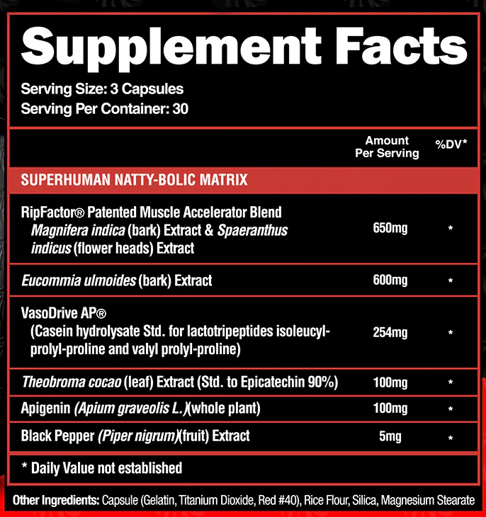 Supplement facts label showing serving size, ingredient list with extract concentration & DV for a 30-capsules container.
