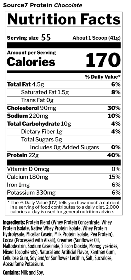 Nutrition facts for Source7 protein chocolate; 55g serving has 4.5g fat, 10g carbs, 22g protein. Contains milk, soy, pea protein, and cocoa.