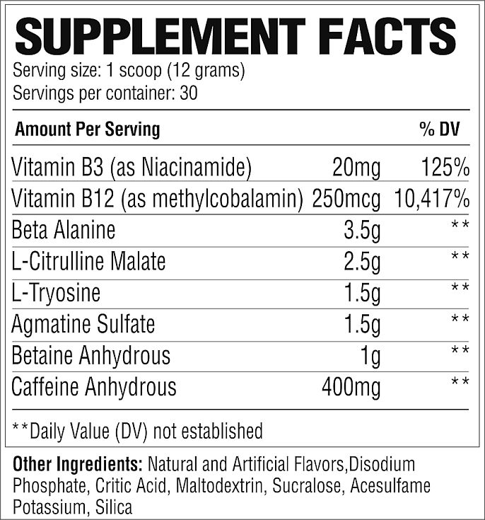 Supplement facts for a 30-serving container with various vitamins and ingredients such as Vitamin B3, B12, Beta Alanine, Caffeine, etc.