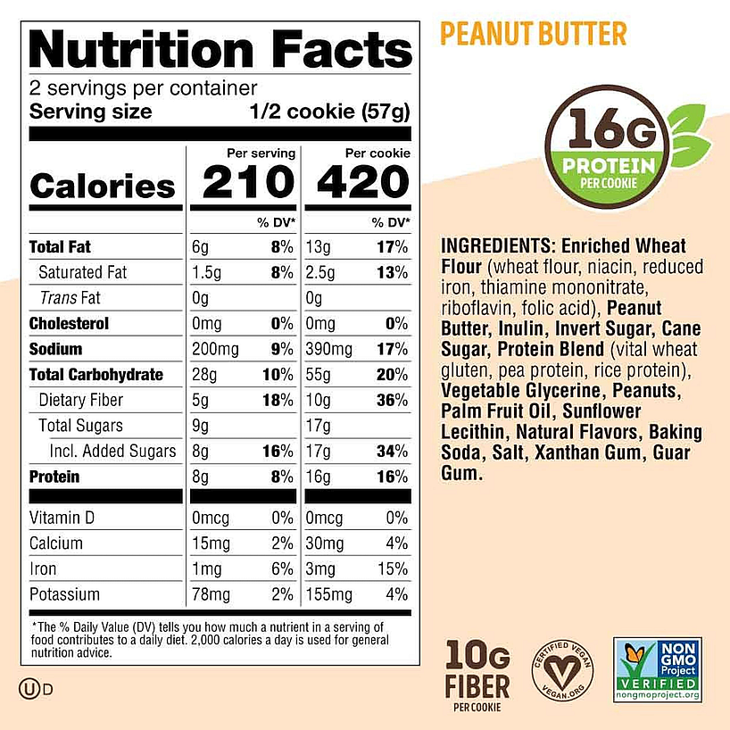Nutrition facts for peanut butter cookies that contain 16g of protein and 10g of fiber per serving. Ingredients list included. Non-GMO and vegan-approved.