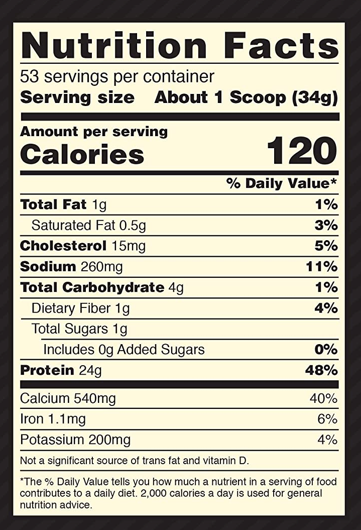 Nutrition label showing 53 servings per container, serving size 34g, 1g fat, 15mg cholesterol, 260mg sodium, 4g carbs, 24g protein.