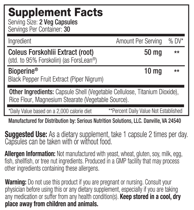 Veg dietary supplement label showing ingredients, dosages, usage instructions, allergen info & warning with manufacturer's info.