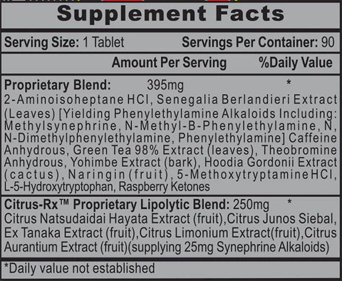 Supplement label showing serving size, ingredients, and daily value for a health product with a focus on unique blends and extracts.
