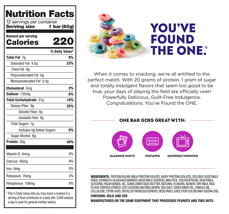 Nutrition label for a guilt-free snack bar, with 20g protein, 1g sugar, contains milk and soy. Ingredients include vegetable protein sources.