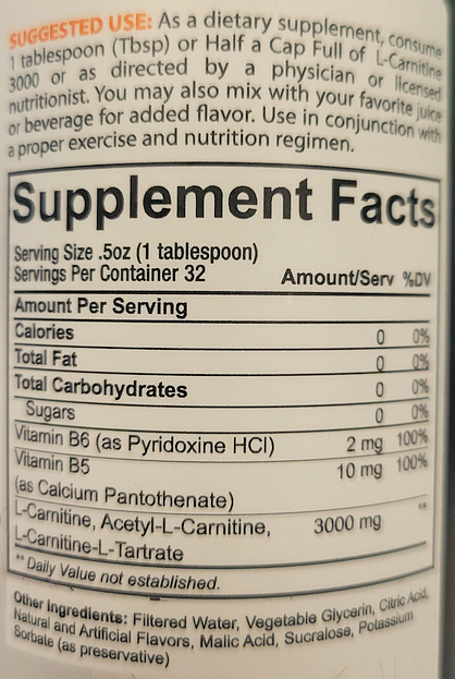 Serving details and usage instructions for L-Carnitine 3000 dietary supplement with additional information on its vitamin B6 and B5 content.