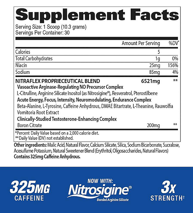 Summary: Nutritional information for a testosterone-enhancing supplement. Contains ingredients like Boron Citrate, L-Citrulline, Caffeine Anhydrous. 325mg Caffeine/serving. 3x strength.