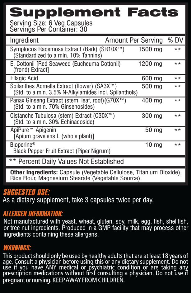 Supplement label displaying ingredients like Symplocos Racemosa Extract, E.Cottonii, etc. listed with their dosage. Suggests twice-daily use for healthy adults.