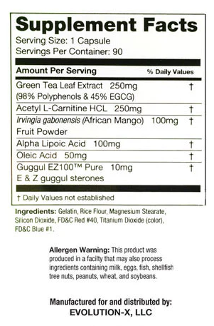 Supplement facts for a capsule with green tea extract, acetyl L-carnitine HCL, African mango, alpha lipoic acid, and more. Contains 90 servings.