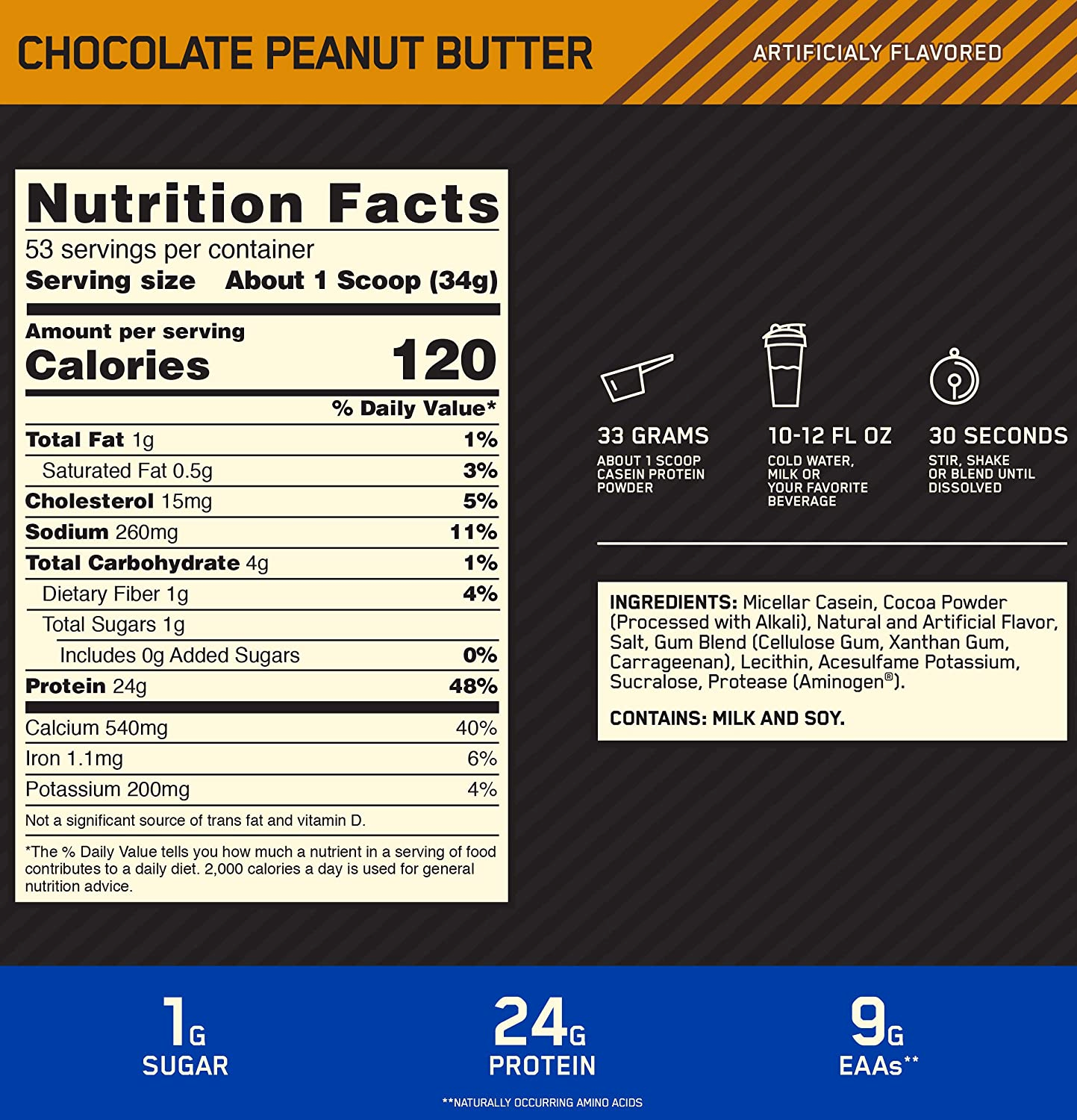 Nutrition label for Chocolate Peanut Butter flavor Casein Protein Powder. Contains 24g protein, 1g fat, 4g carbs, and 120 calories per 34g serving.