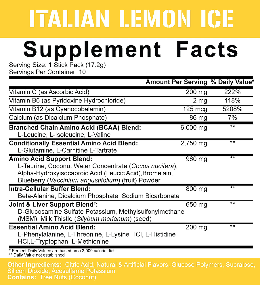 Italian Lemon Ice supplement facts: Contains vitamins C, B6, B12, calcium, essential and non-essential amino acids, and other ingredients. Servings: 10.