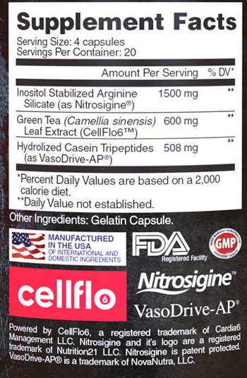 Supplement facts for 4-capsule serving size. Contains Inositol Stabilized Arginine, Green Tea Leaf Extract, Hydrolized Casein Tripeptides. Made in USA.