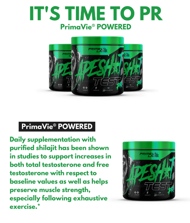 Advertisement for PrimaVie supplement, promoting increased testosterone, muscle strength and daily purified shilajit supplementation.