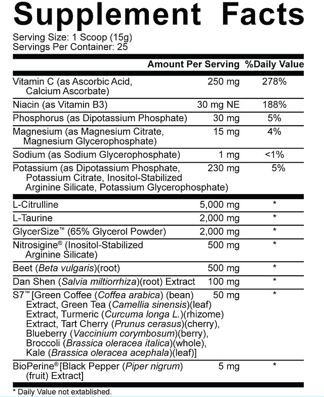 Supplement facts label showing serving size, daily values, and ingredients including vitamins C, B3, magnesium, sodium, potassium, L-Citrulline, and various plant extracts.