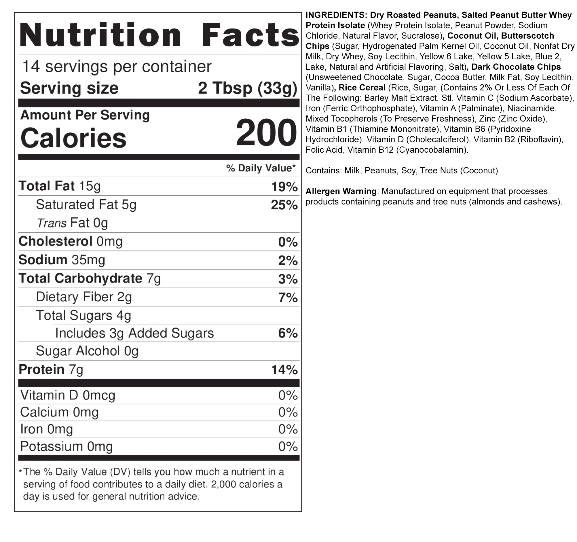Nutrition facts for a snack with 14 servings. Each serving contains 15g fat, 7g carbs, and 7g protein. Made with peanuts, whey protein, and coconut oil.