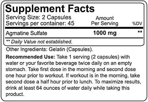 Supplement facts label for a product with Agmatine sulfate. Recommended use is twice daily with water on an empty stomach.