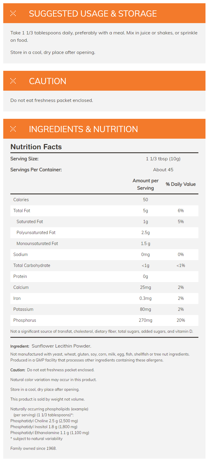 Sunflower Lecithin Powder nutrition facts and usage instructions. Free from common allergens, contains natural phospholipids. Family-owned since 1968.