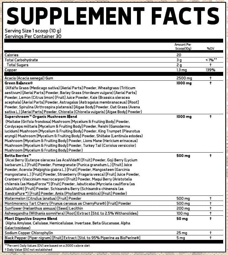 Supplement facts label listing serving size, ingredients, and daily value percentage for various nutrients in a dietary health mixture.