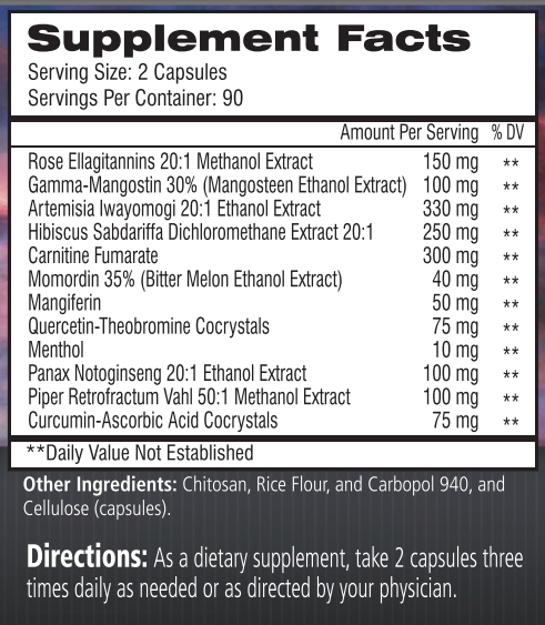 Summary of supplement facts detailing serving size, ingredients, and dosage instructions.