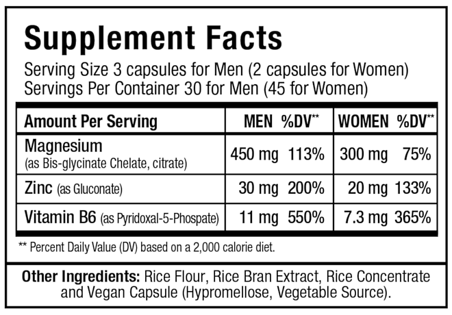 Dietary supplement facts for men and women, including dosages of Magnesium, Zinc, Vitamin B6, with other ingredients like Rice Flour, Rice Bran.