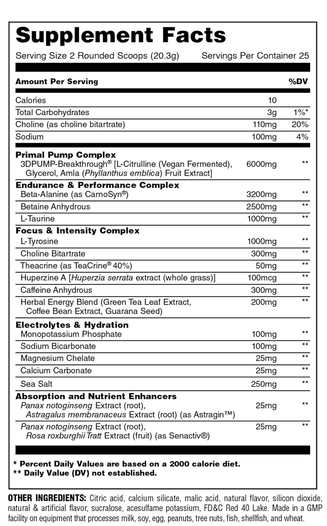 Supplement nutrition facts chart showing serving size, ingredients and their quantities, recommended daily values, total carbohydrates, other ingredients, allergy information and warnings.