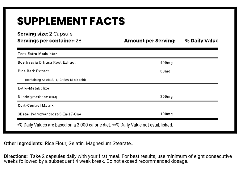 Supplement facts for a product containing Boerhaavia Diffusa Root and Pine Bark Extracts among other ingredients. Guidelines suggest taking 2 capsules daily.