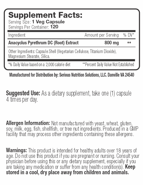 Supplement fact label for Anacyclus Pyrethrum DC root extract veg capsules. Details serving size, ingredients, usage, allergen info, warnings.