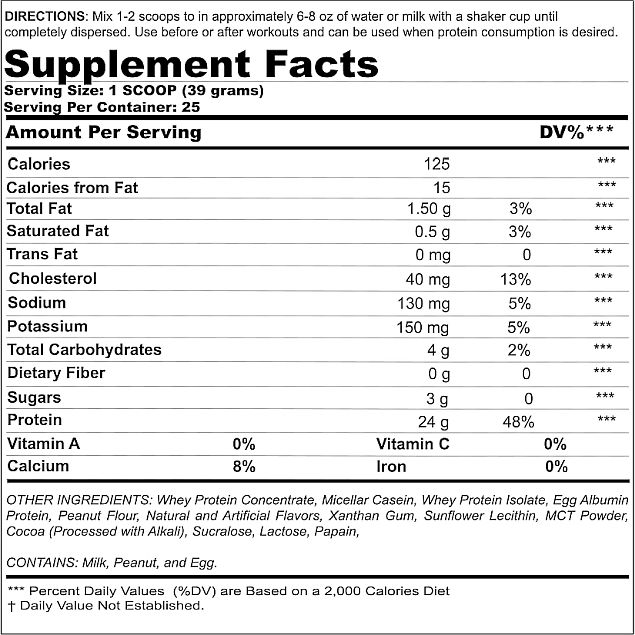 Protein supplement instructions and nutritional facts showing 24g of protein per scoop and ingredients like whey, eggs, and peanuts.