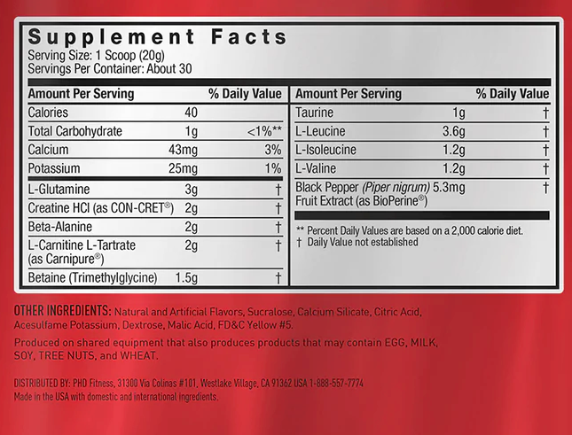 Supplement facts for a fitness product listing details like serving size, calories, nutrients, and possible allergen exposure; made domestically and internationally.