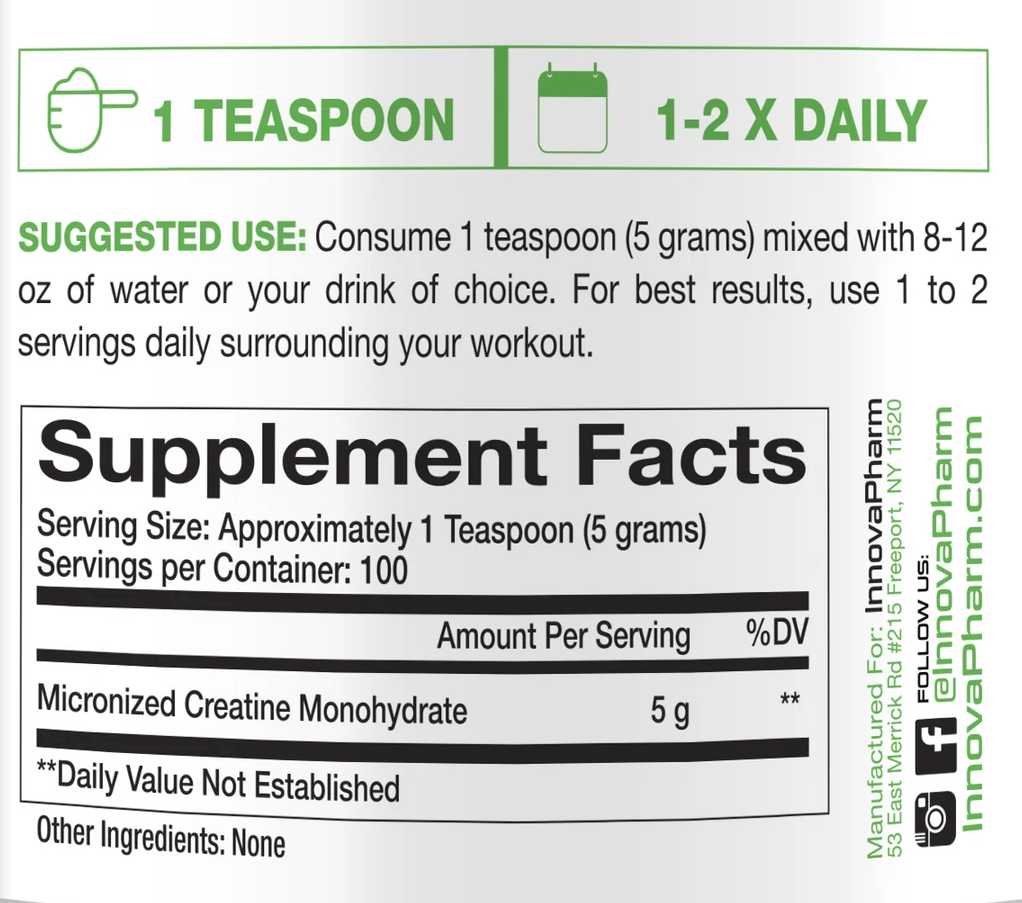 Micronized Creatine Monohydrate supplement with usage instructions, serving size, and manufacturer's info.