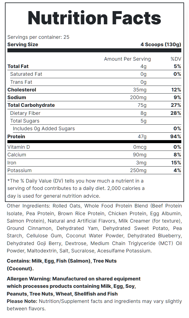 Nutrition facts label for a serving of food with allergens (milk, egg, fish, tree nuts), dietary information, and a list of ingredients.