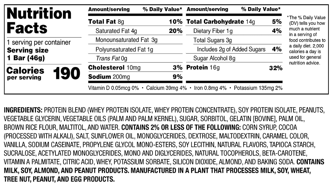 Nutrition facts for a 46g protein bar: 190 calories, 8g total fat, 14g carbs, 16g protein. Contains dairy, soy, almonds, and peanuts.