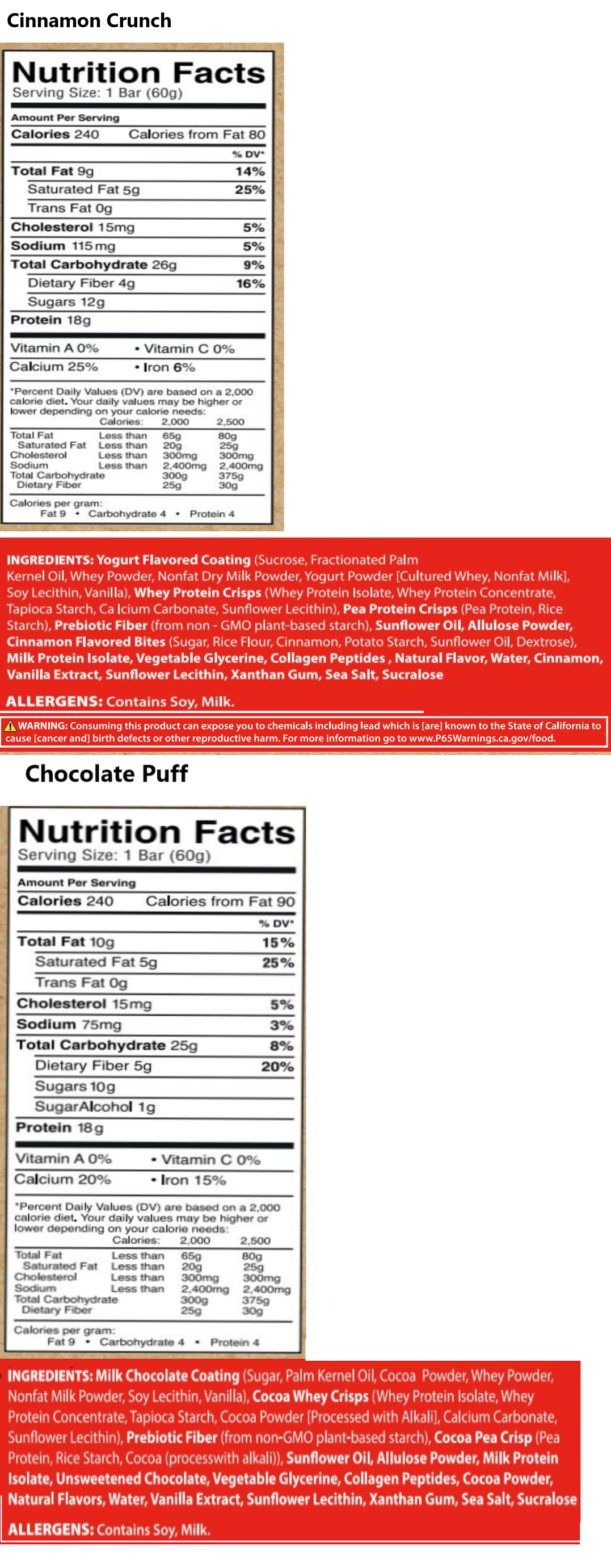 Nutrition facts for two 60g bars. Cinnamon Crunch: 240 calories, 9g fat, 26g carbs, 18g protein. Chocolate Puff: 240 calories, 9g fat, 25g carbs, 18g protein. Both contain soy and milk.