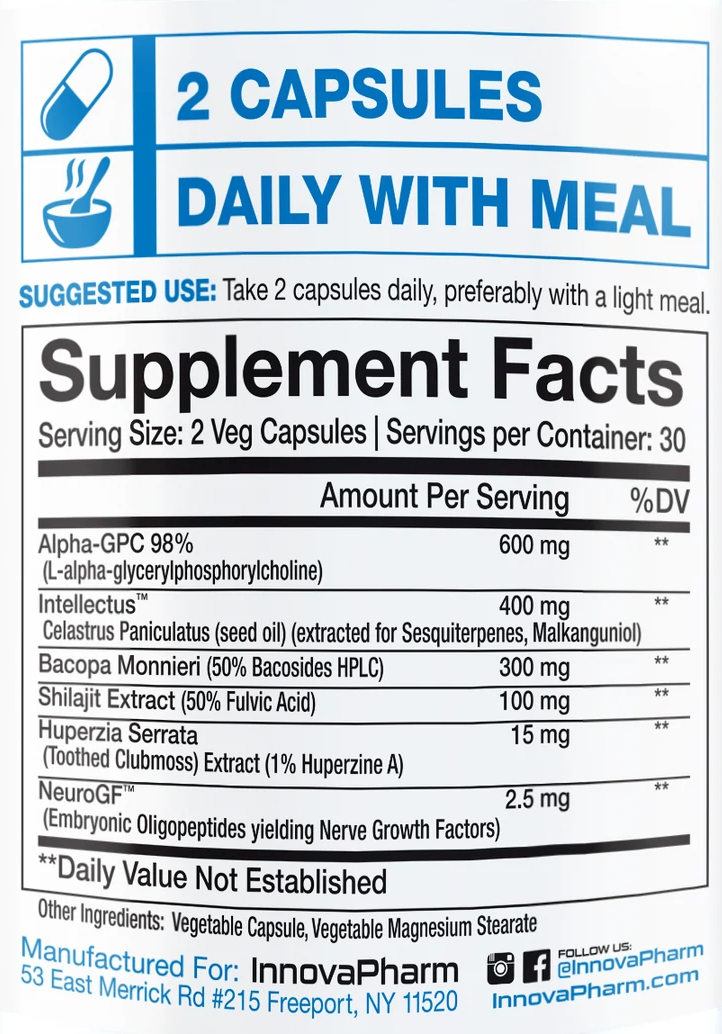 Supplement facts for InnovaPharm capsules, highlighting suggested daily use, ingredient quantities, and contact information for the manufacturer.