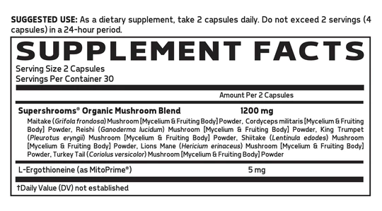 Dietary supplement instructions and facts: take 2 capsules daily, contains a blend of various organic mushrooms, and 1200 mg per 2 capsules.