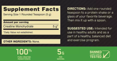 Supplement facts of 100% pure Creatine Monohydrate showing serving size, daily value, ingredients, and directions for use.