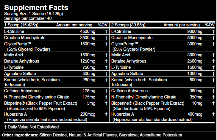 Supplement facts showing serving details, ingredients, and daily value percentages for various elements like L-Citrulline, creatine monohydrate, and caffeine anhydrous.