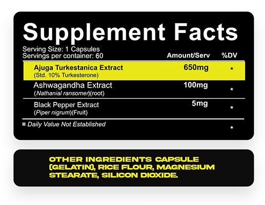 Supplement facts for a 60-capsule container showing ingredients including Ajuga Turkestanica, Ashwagandha, and Black Pepper Extract.
