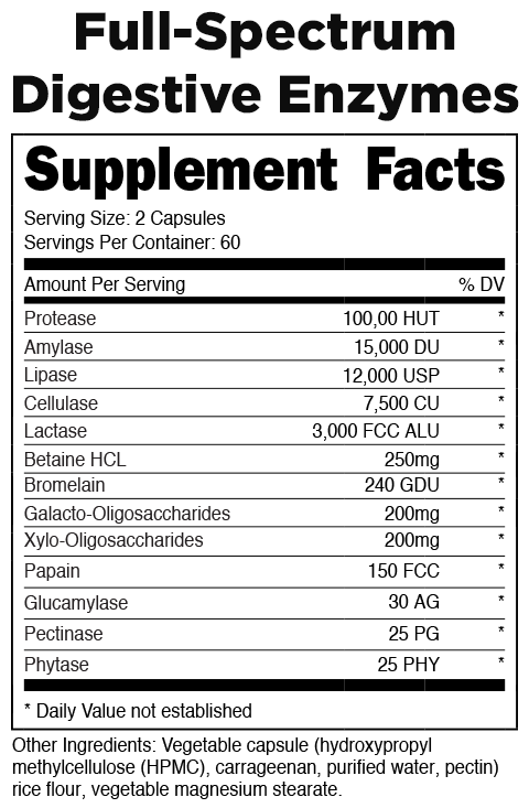Supplement Facts for Full-Spectrum Digestive Enzymes with a variety of enzymes, 60 servings per container. Other ingredients included.