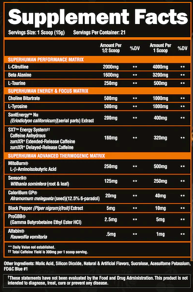 Supplement facts for a product with components like L-Citrulline, Beta Alanine, L-Taurine, Choline Bitartrate, and L-Tyrosine, each in various amounts per scoop.