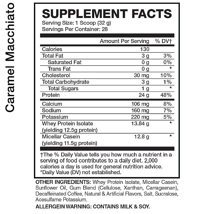 Caramel Macchiato supplement facts display serving size, calories, macros, added ingredients, and allergen info (contains milk & soy).