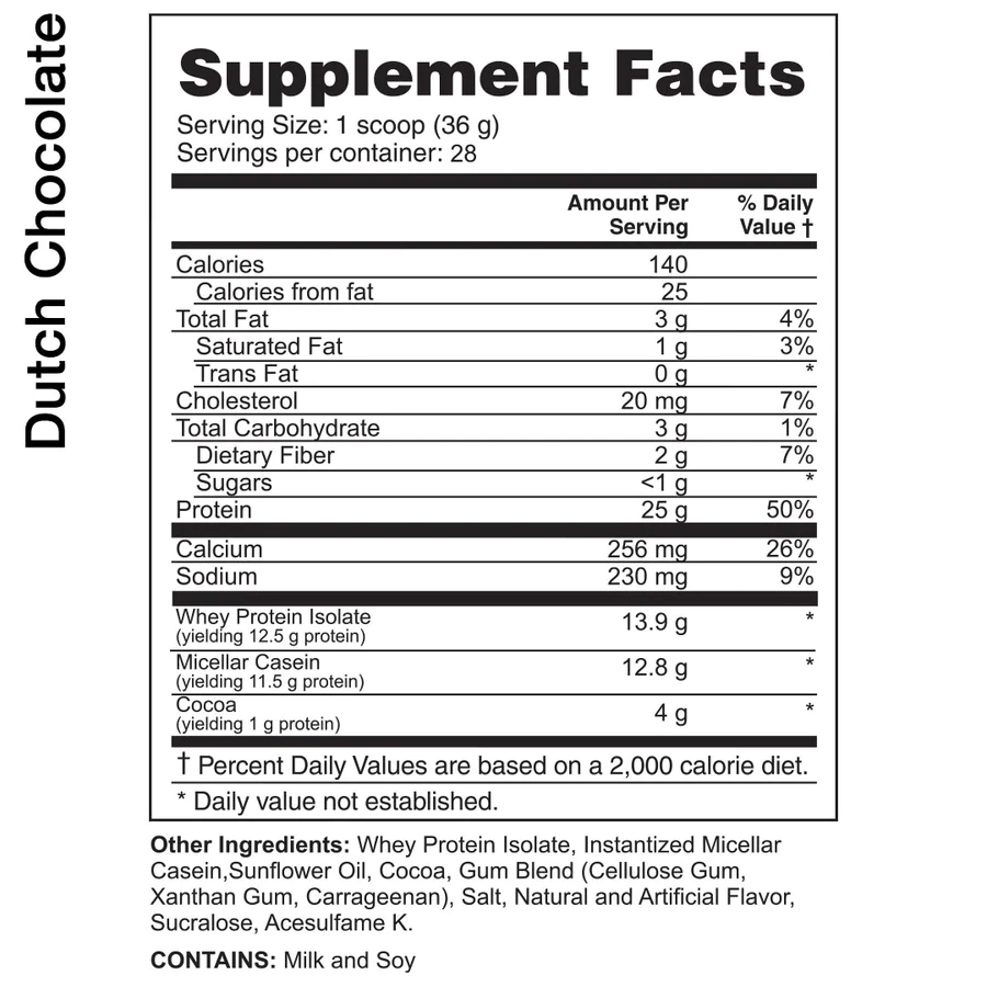 Nutritional facts for Dutch Chocolate Supplement with whey protein isolate, micellar casein, and cocoa, 28 servings per container.