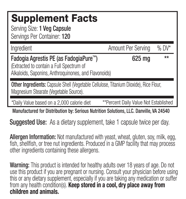 Supplement facts label for a 120 serving container of Fadogia Agrestis PE capsules. Lists ingredients and usage warnings.