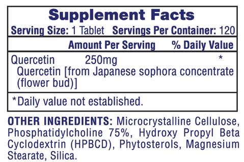 Supplement facts for a 120-serving Quercetin tablet, derived from Japanese sophora concentrate, plus other ingredients.