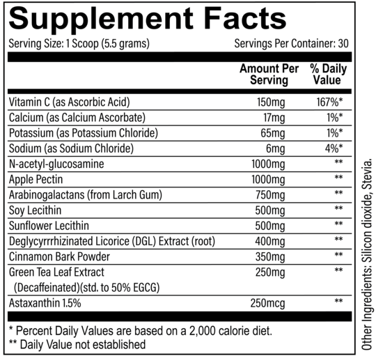 Supplement facts label showing ingredients like Vitamin C, Calcium, Potassium, Sodium, Green Tea Leaf Extract etc., serving size, servings per container and daily value.