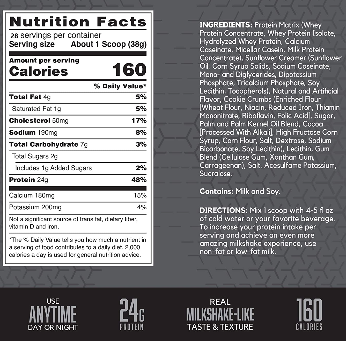 Nutrition facts for a protein shake with 24g protein and 160 calories per serving. Contains milk and soy as main ingredients.